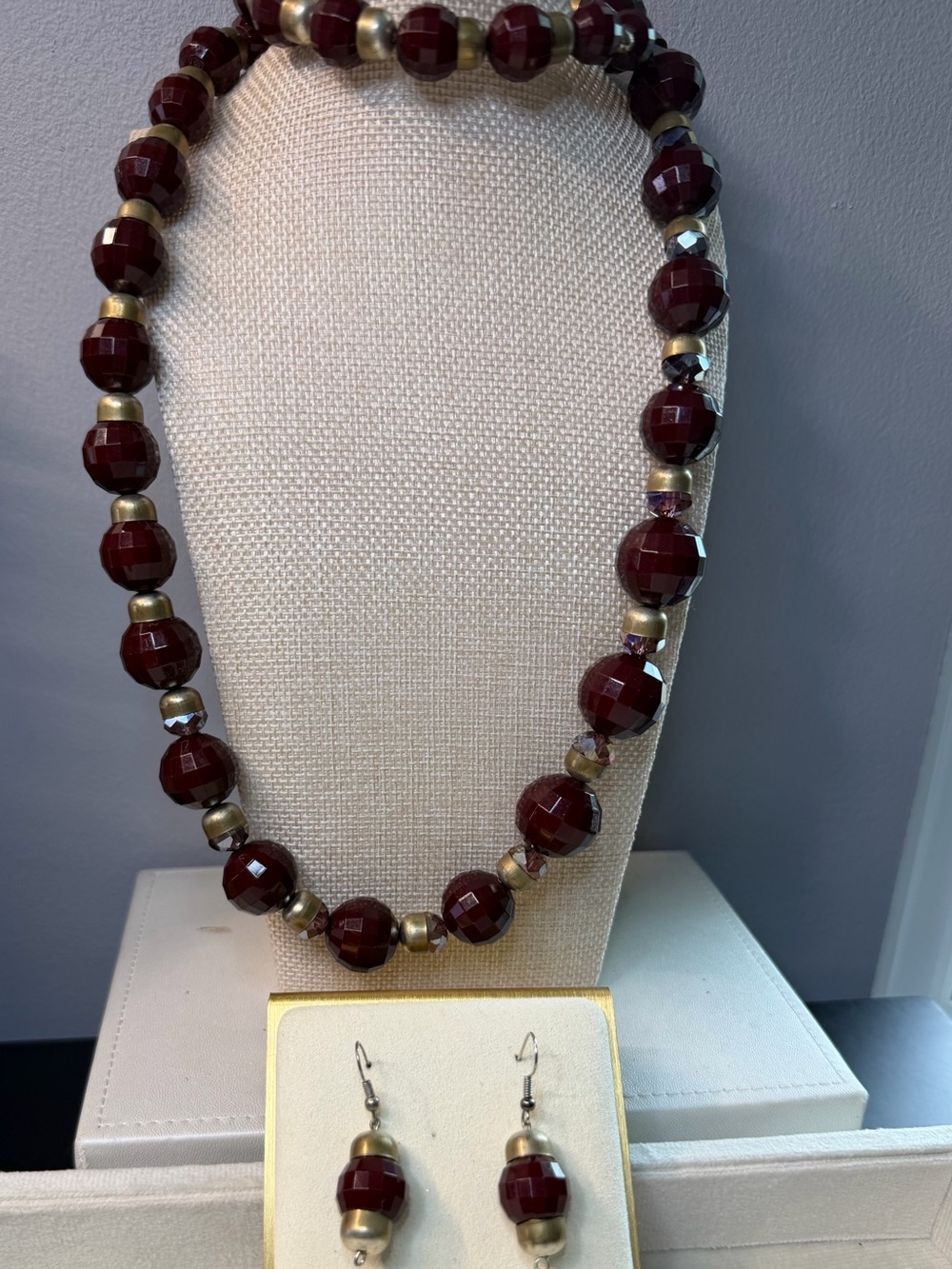 Handcrafted Burgundy Bead Necklace & Earrings Set